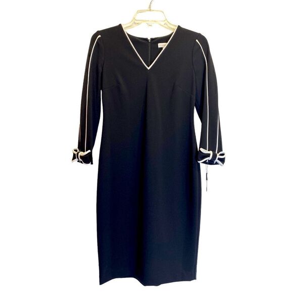 Calvin Klein Black V Neck Sheath Dress with Contrast Piping Size 4 Petite NWT - Picture 9 of 13